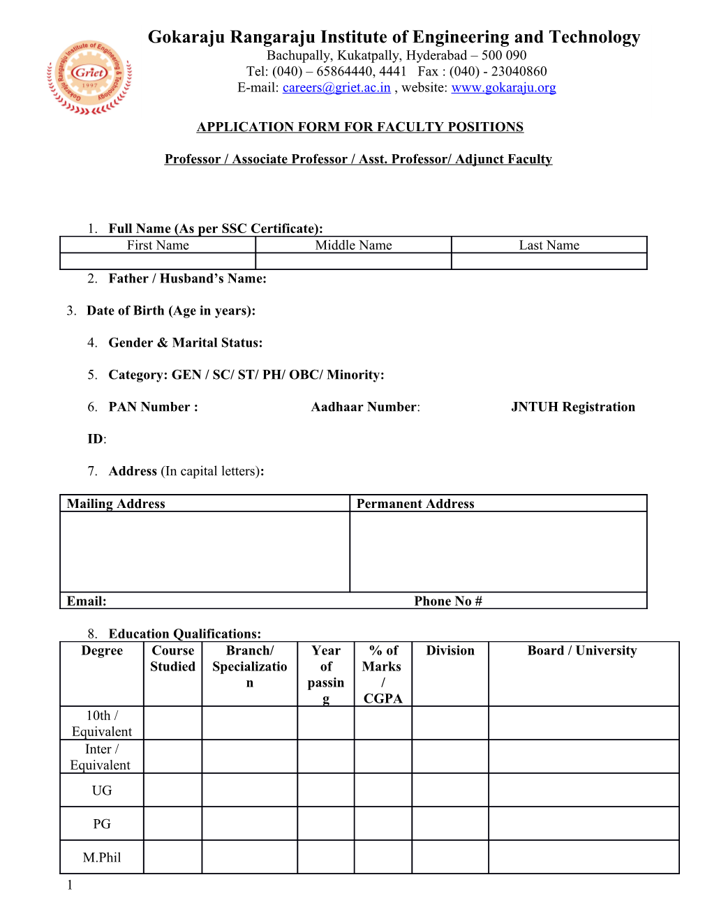 Application Form for Faculty Positions