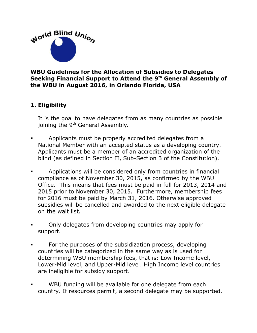 WBU Guidelines for the Allocation of Subsidies to Delegates Seeking Financial Support