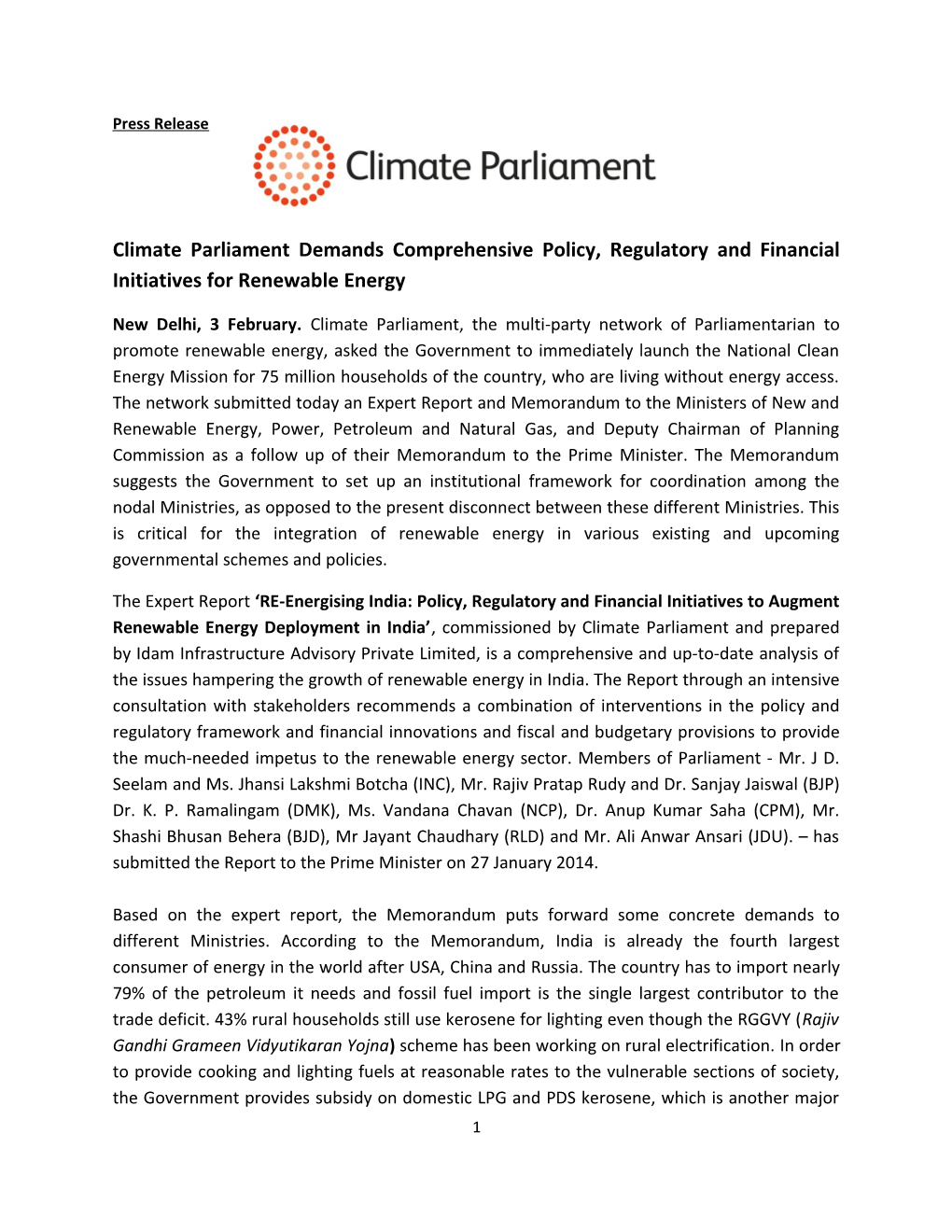 Climate Parliament Demands Comprehensive Policy, Regulatory and Financial Initiatives