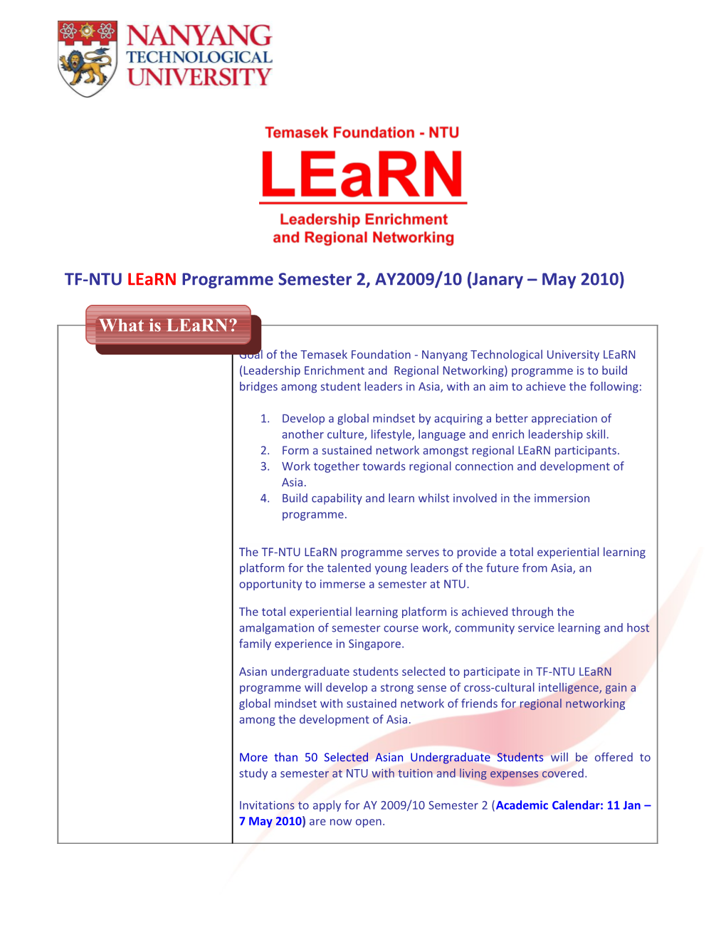 TF-NTU Learn Programme Semester 2, AY2009/10 (Janary May 2010)