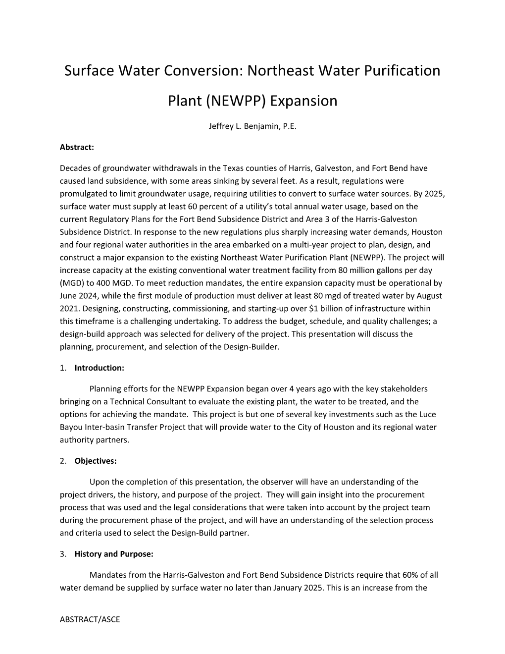 CIGMAT Abstract - Surface Water Conversion: Northeast Water Purification Plant Expansion