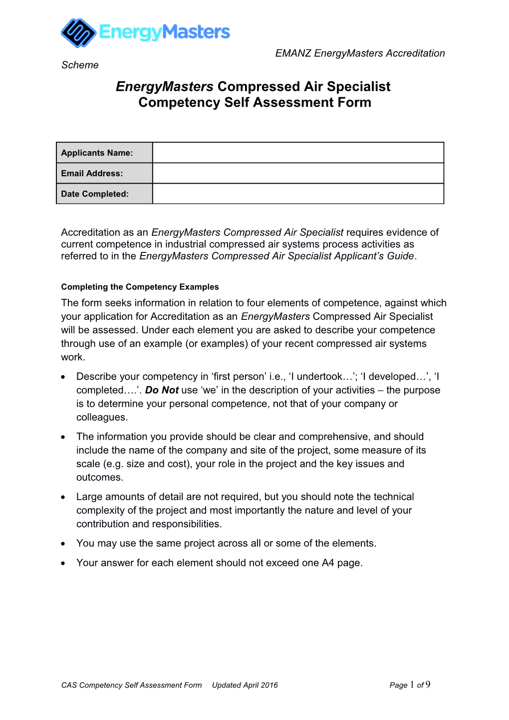 Energymasters Compressed Air Specialist Competency Self Assessment Form