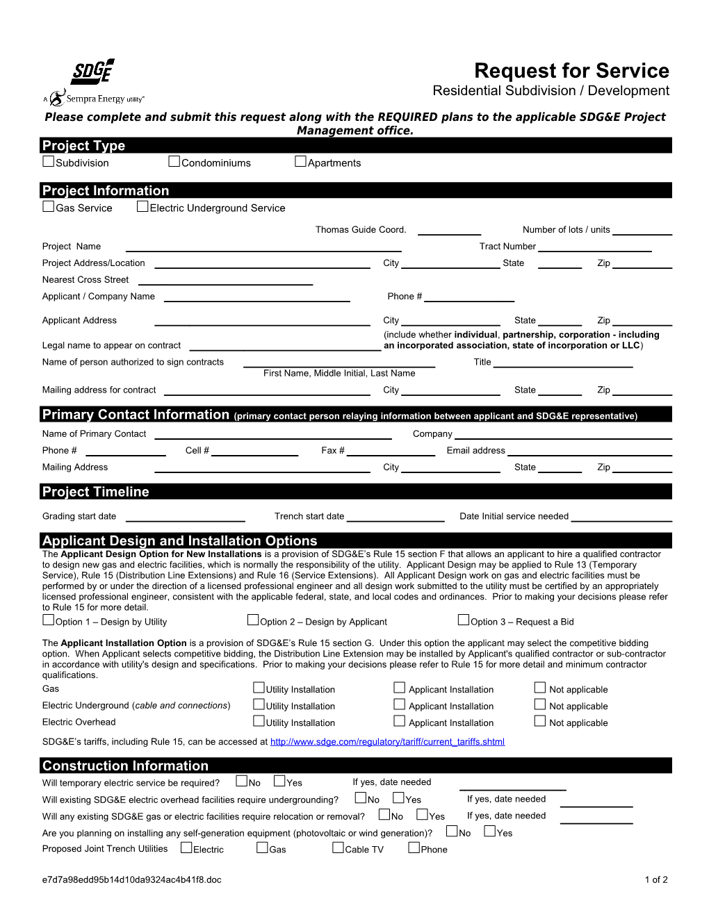 Residential/Subdivision Request for Service Form