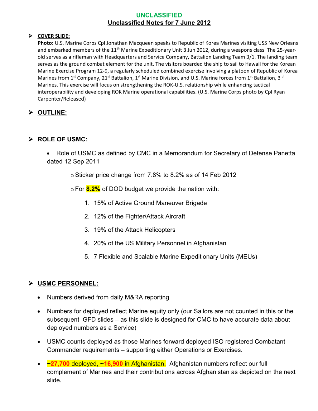 Unclassified Notes for 7 June 2012