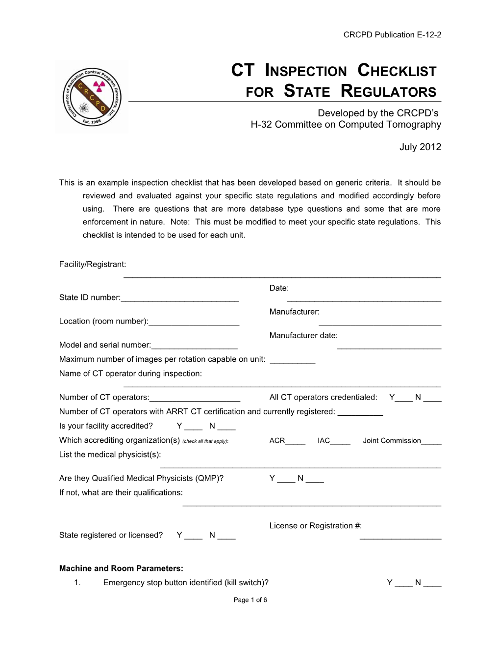 Inspection Check List for State Regulators