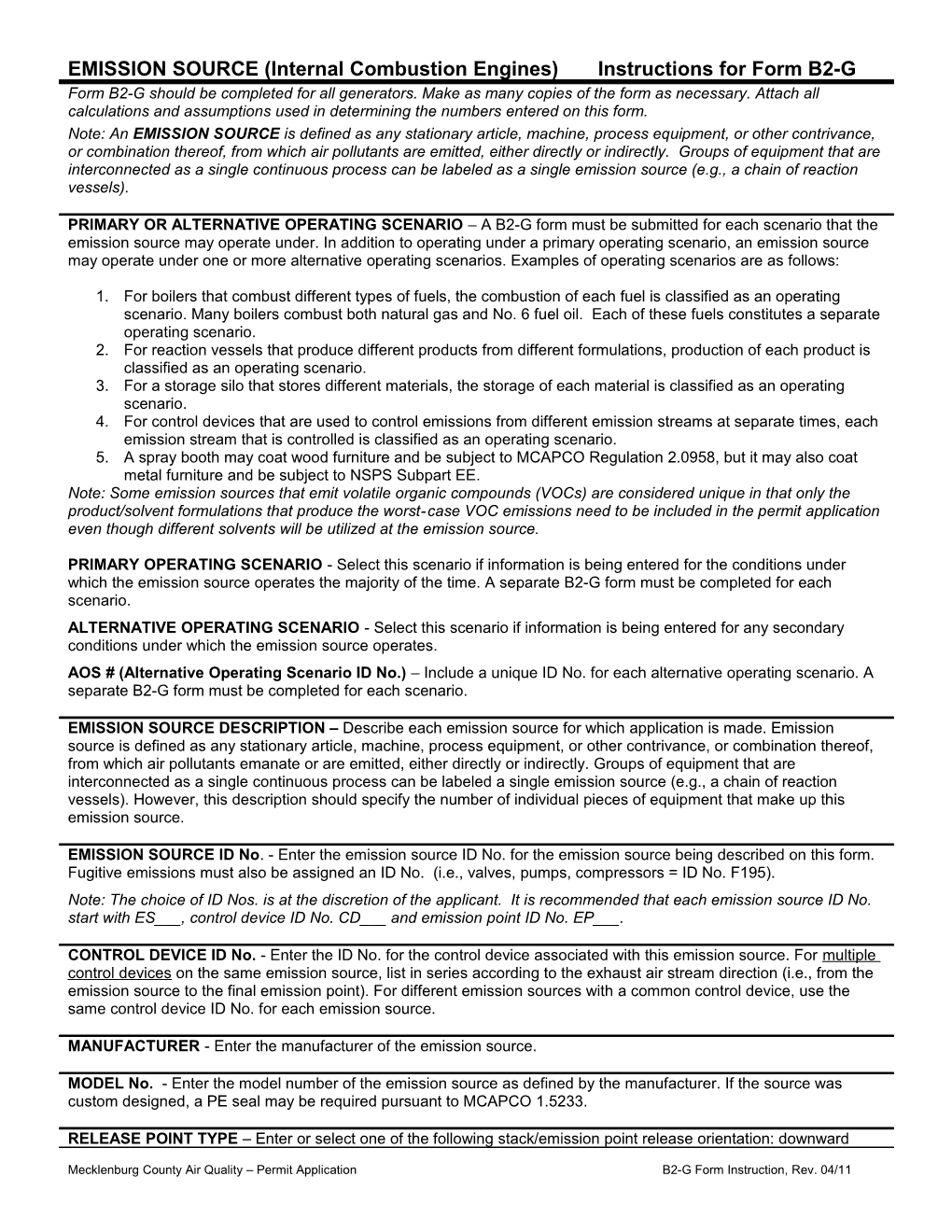 EMISSION SOURCE (Internal Combustion Engines) Instructions for Form B2-G