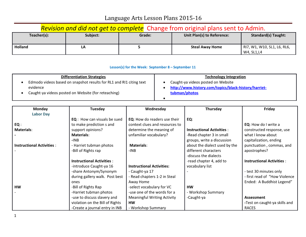 Language Arts Lesson Plans 2015-16