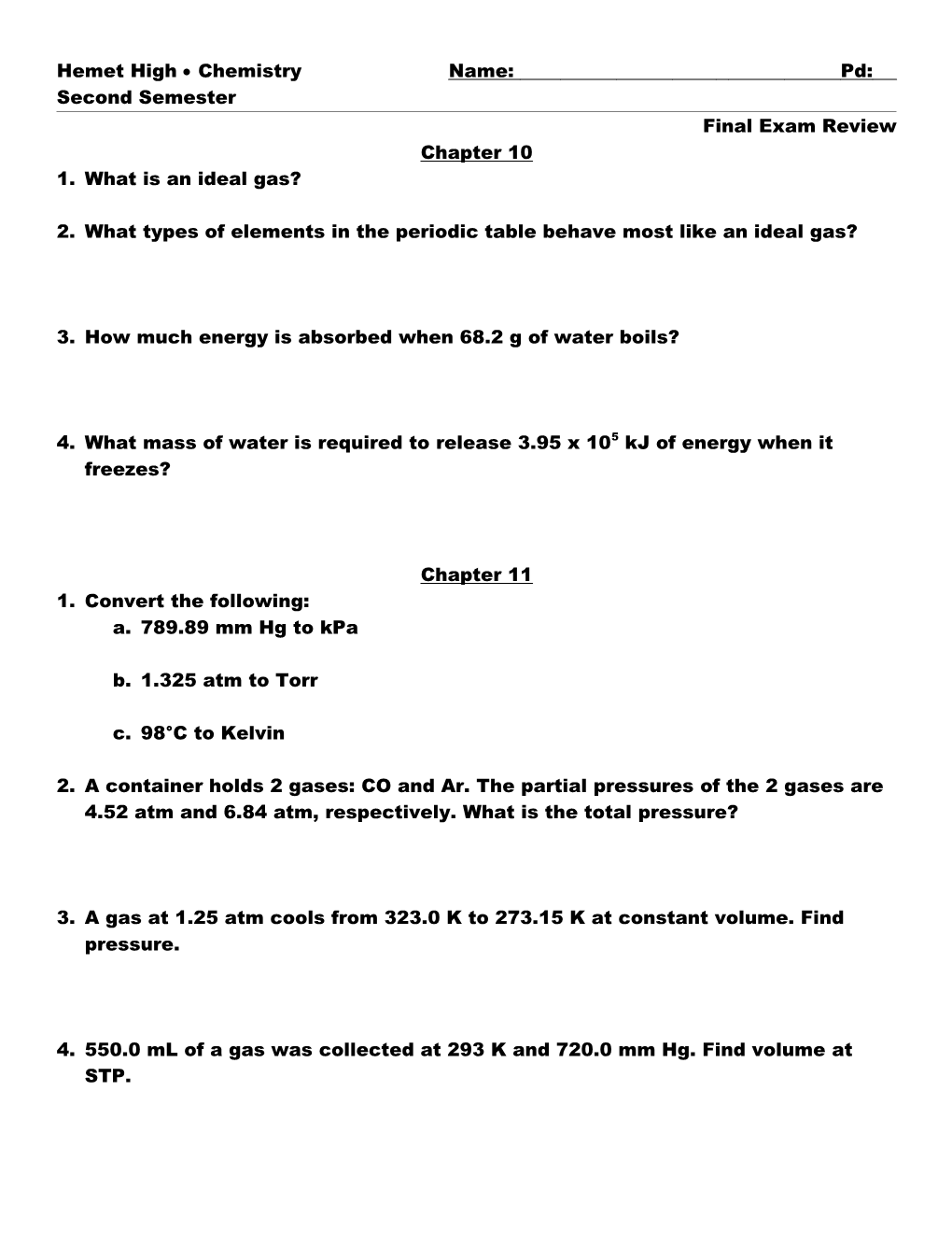 Chapter 10 Chemistry Review