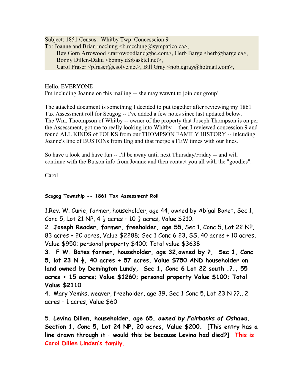 Scugog Township 1861 Tax Assessment Roll