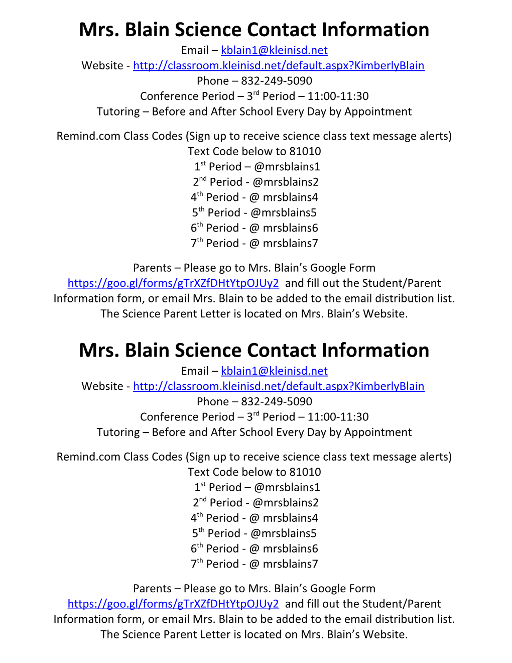 Mrs. Blain Science Contact Information