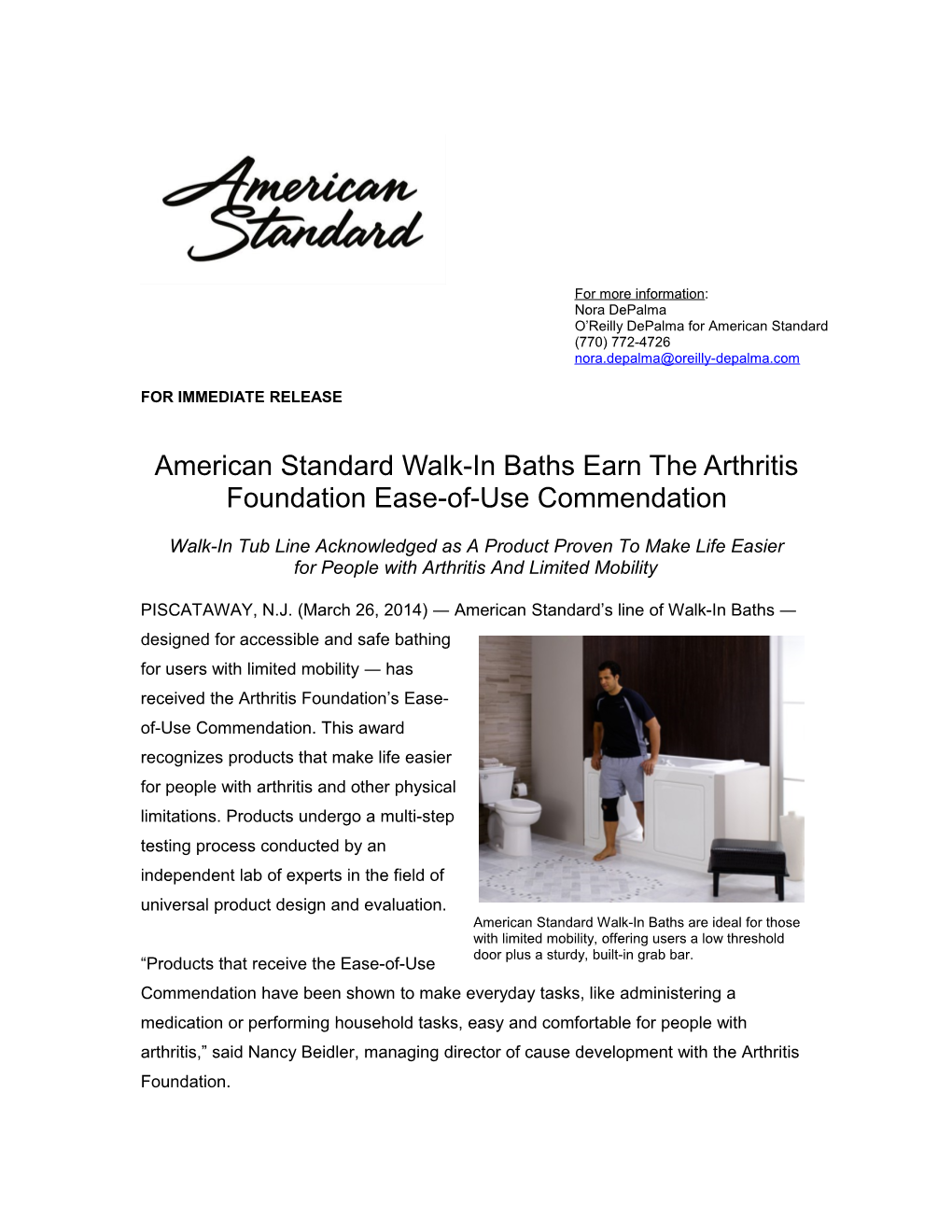 American Standard Walk-In Baths Earnthe Arthritis Foundation Ease-Of-Use Commendation3-3-3