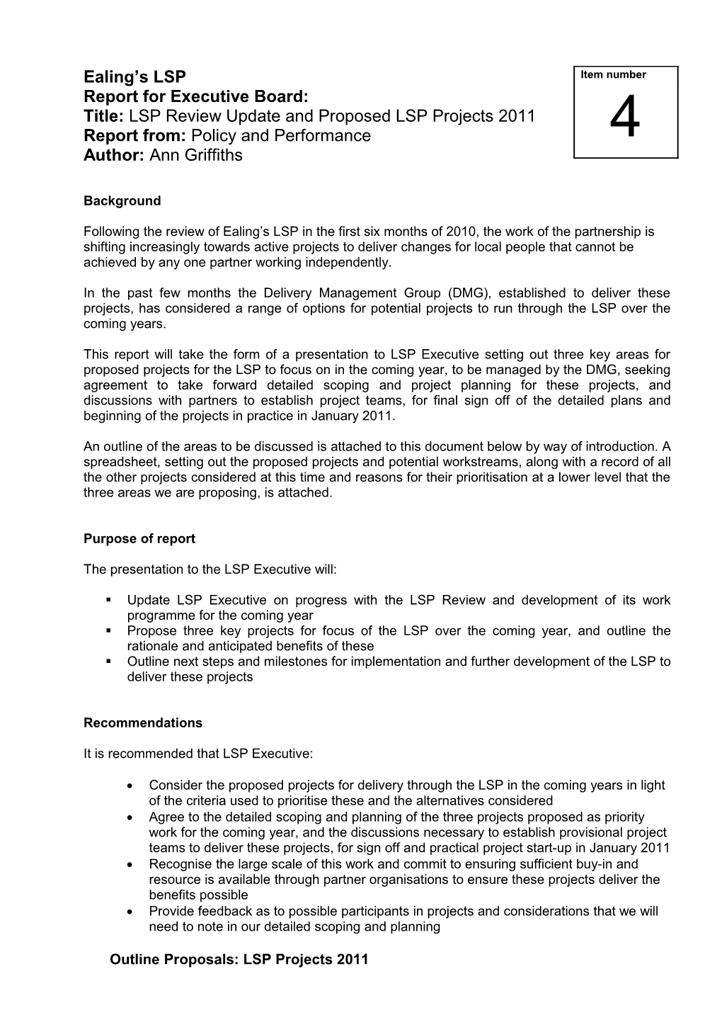 Title: LSP Review Update and Proposed LSP Projects 2011