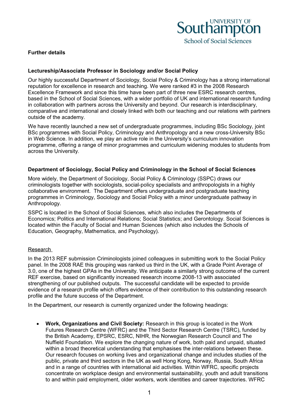 Lectureship/Associate Professor in Sociology And/Or Social Policy