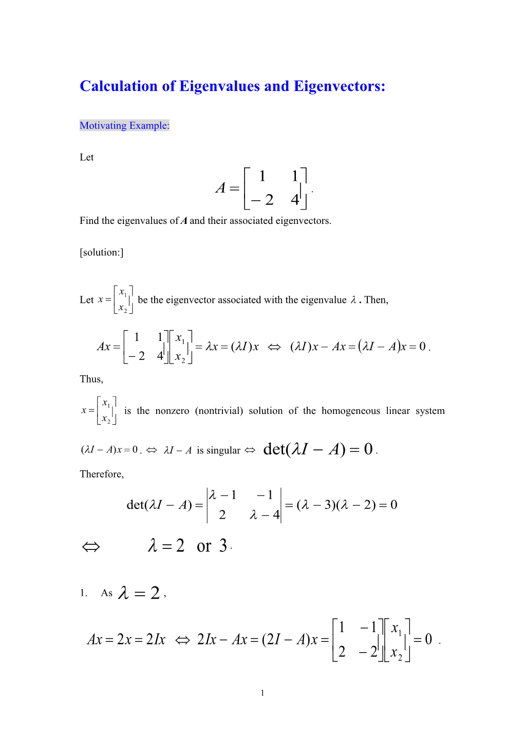 Calculation of Eigenvalues and Eigenvectors