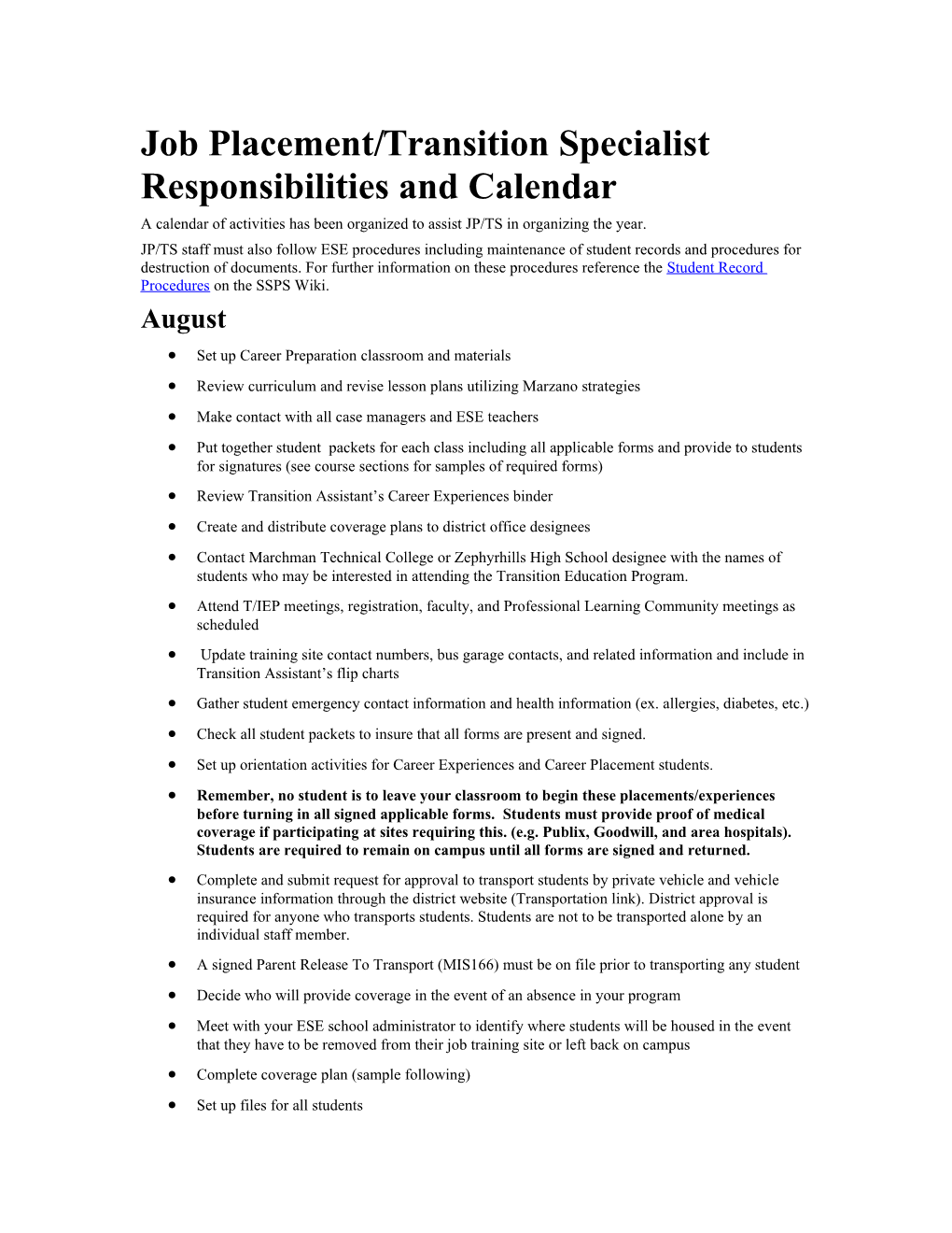 Job Placement/Transition Specialist Responsibilities and Calendar