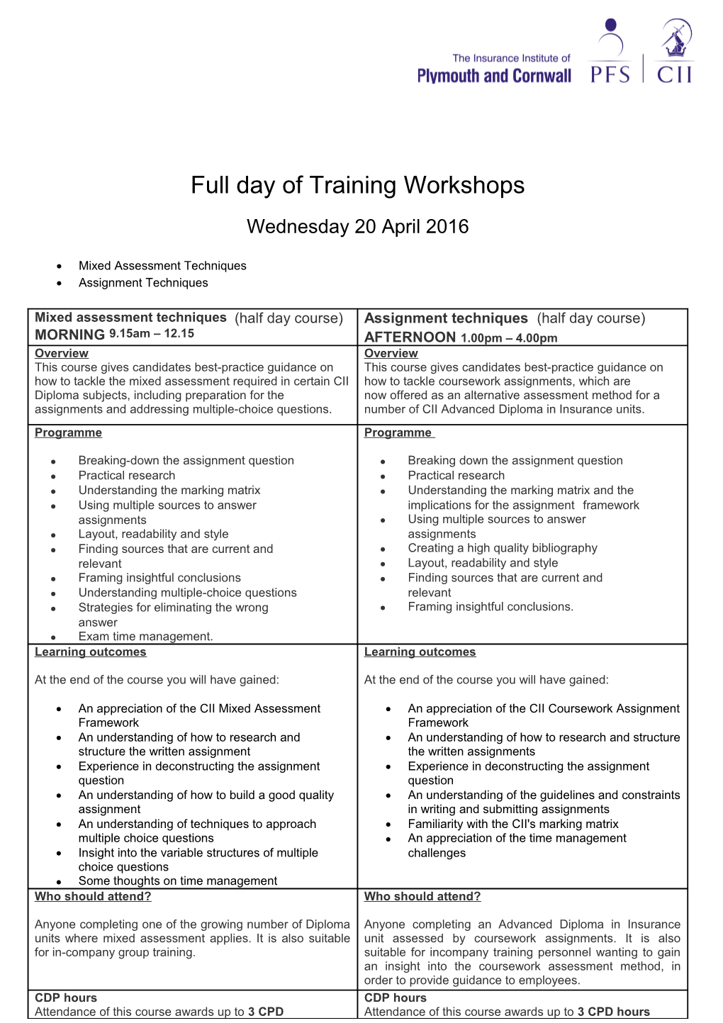 Full Day of Training Workshops