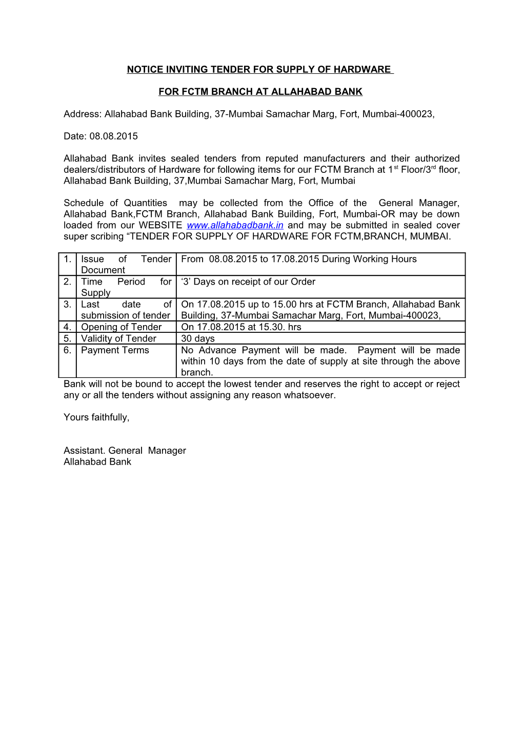 Notice Inviting Tender for Supply of Hardware