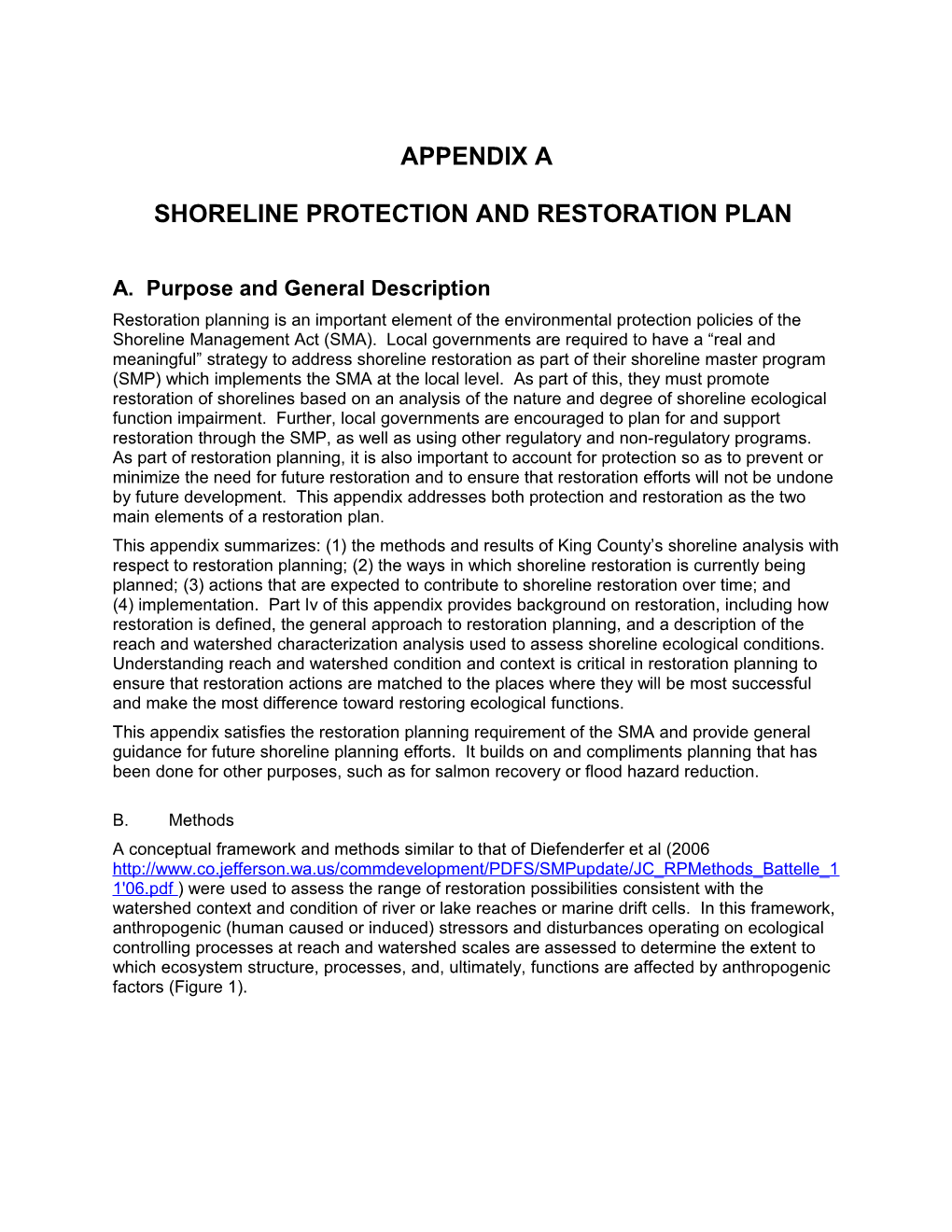 Outline for Shorelines Protection and Restoration Plan (Appendix to Shorelines Plan Goal