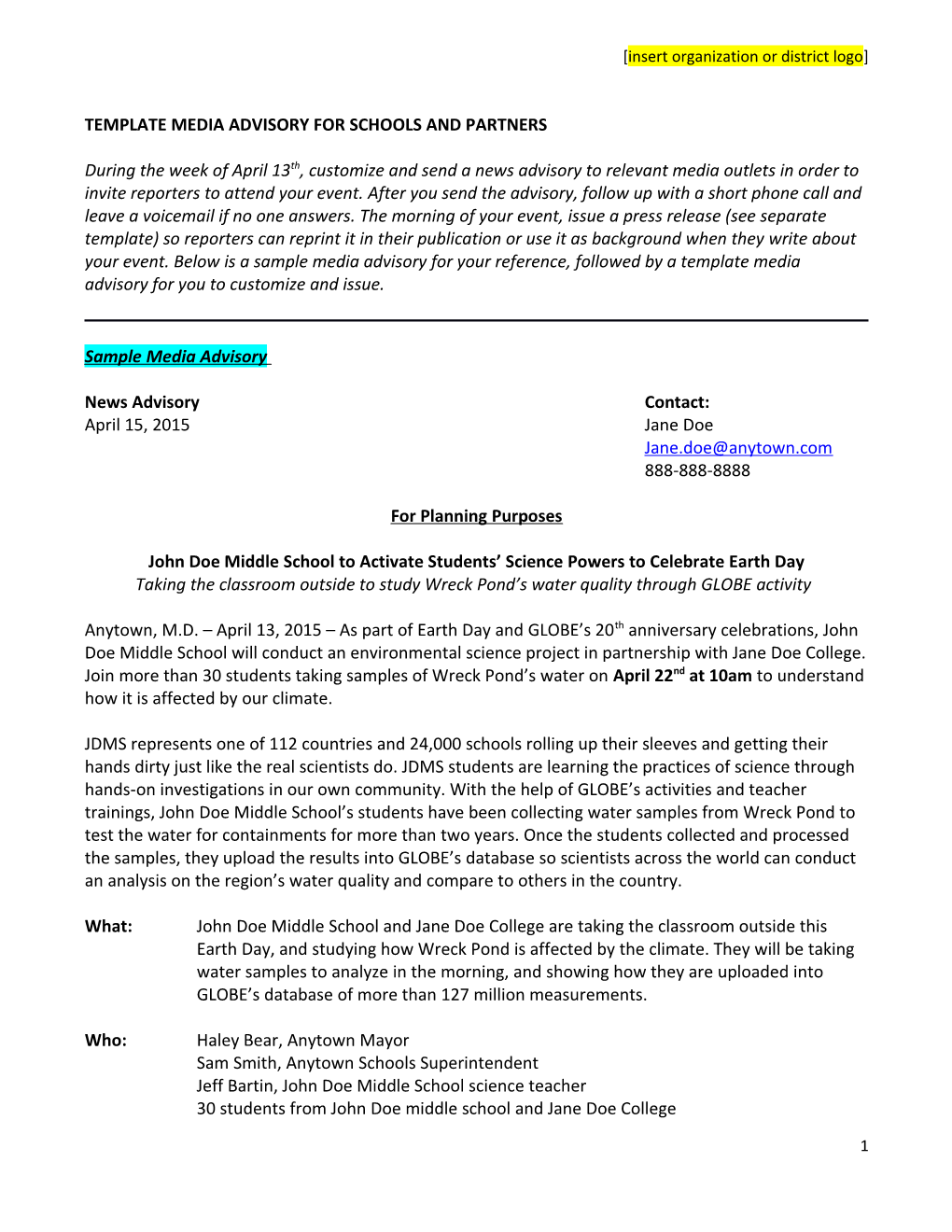 Template Media Advisory for Schools and Partners