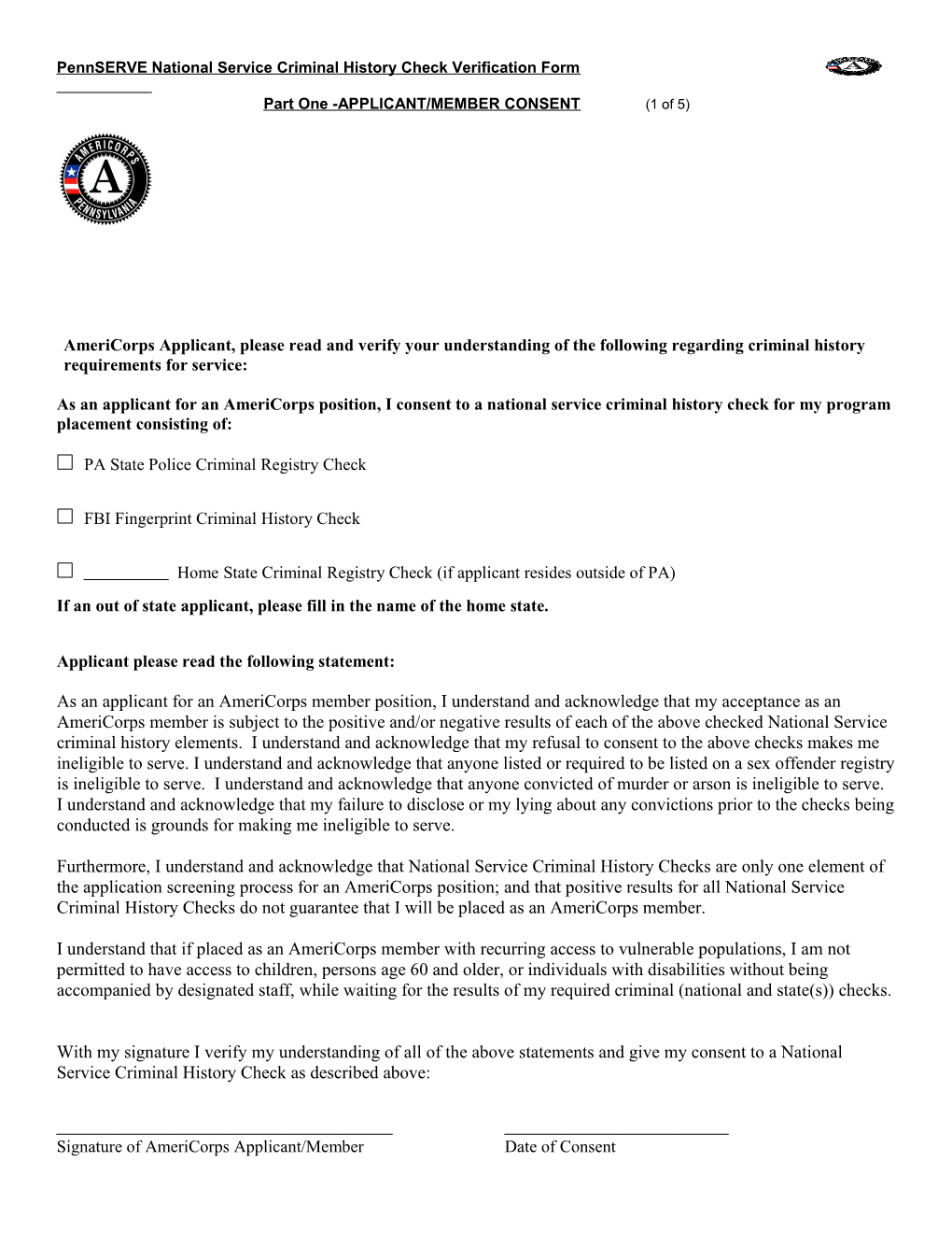 Part One -APPLICANT/MEMBER CONSENT (1 of 5)