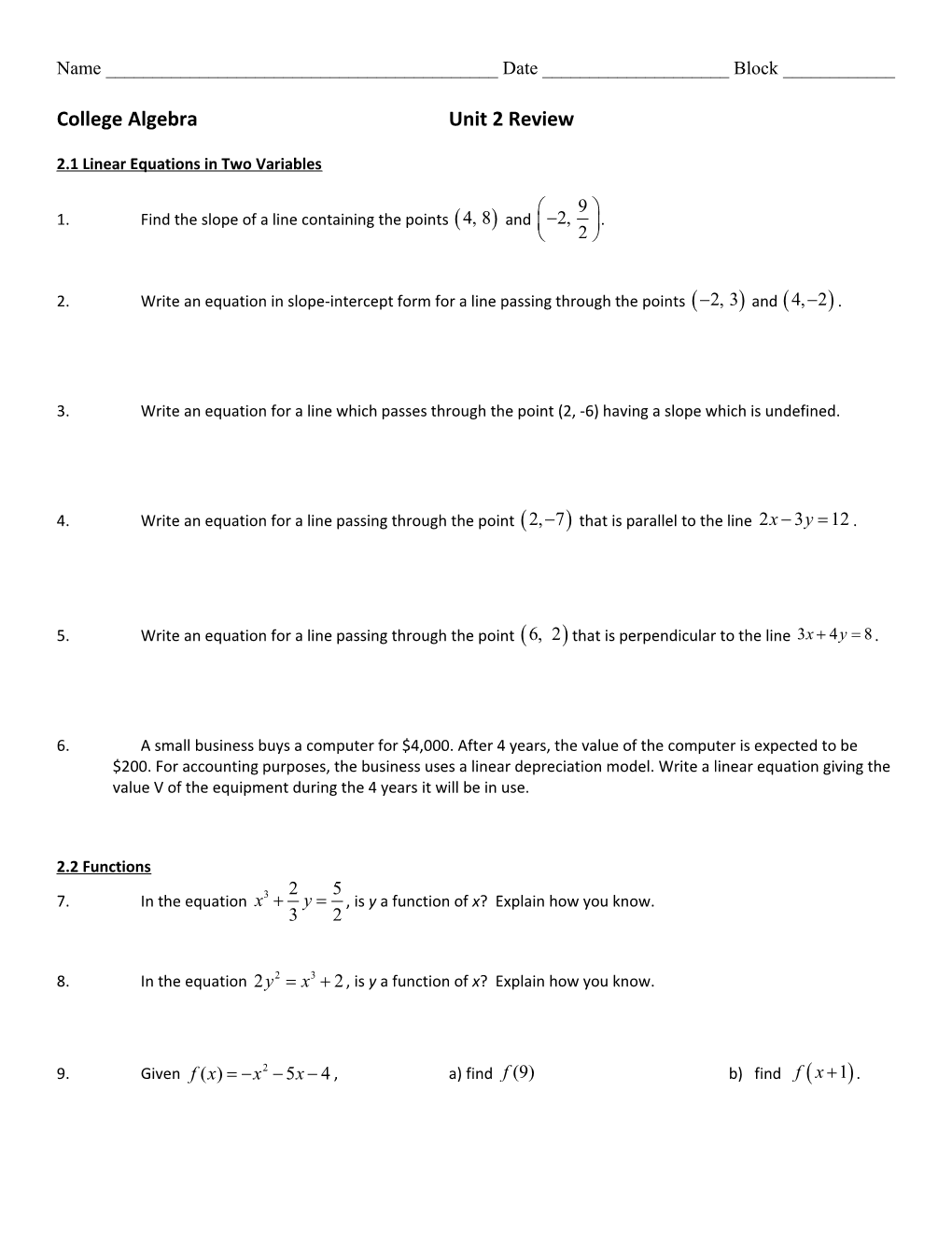 2.1 Linear Equations in Two Variables