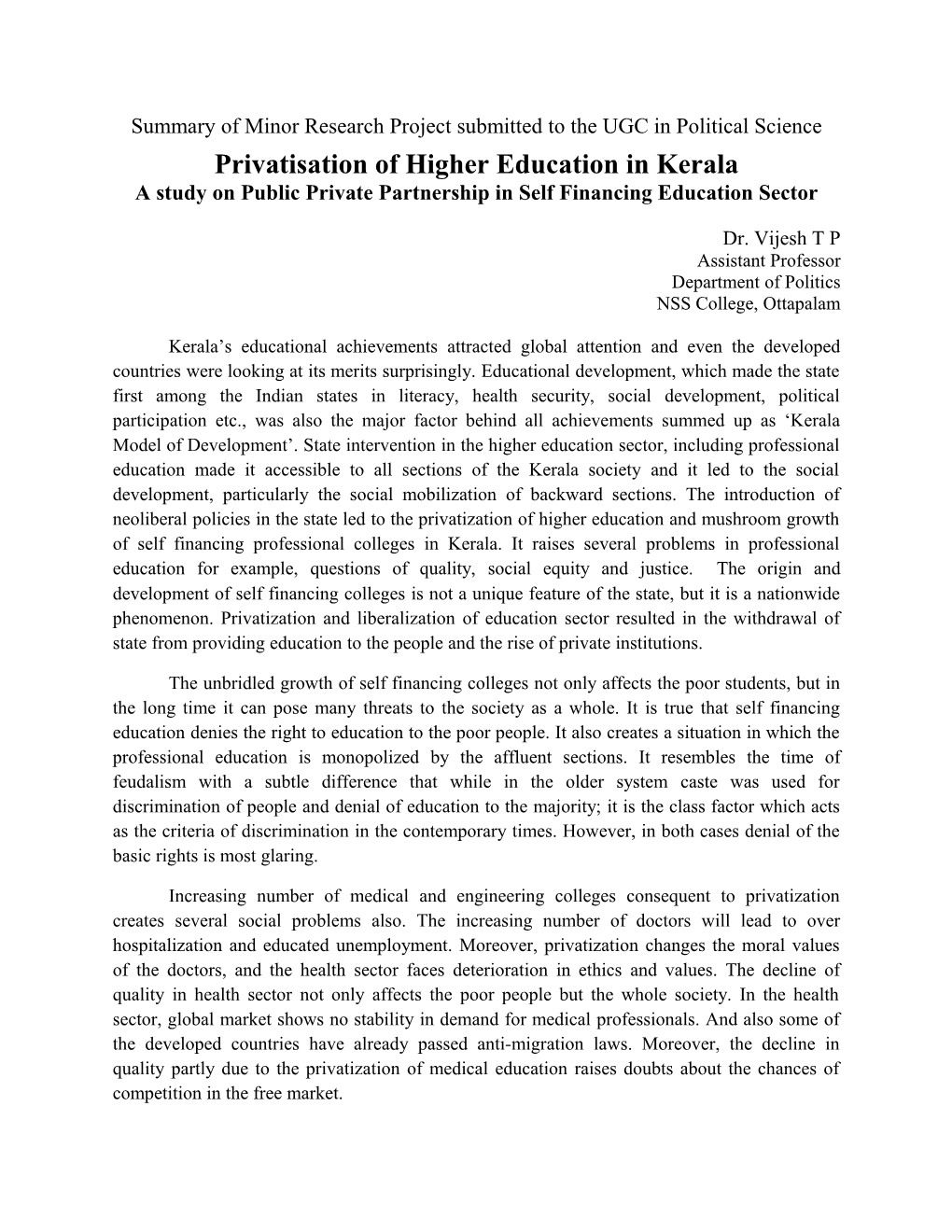 Privatisation of Higher Education in Kerala
