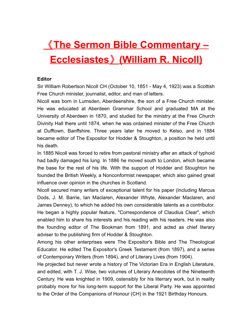 The Sermon Bible Commentary Ecclesiastes (William R. Nicoll)