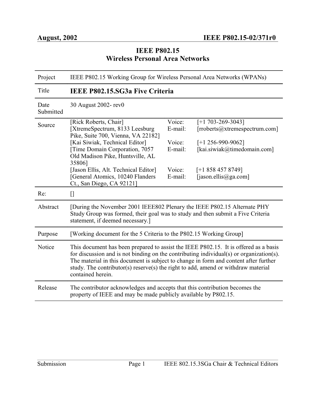 IEEE P802.15.3Sga Five Criteria