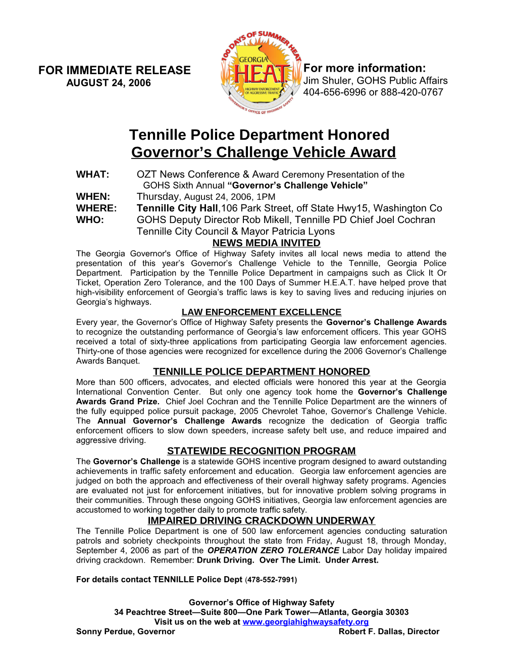 Tennille Police Department Honored