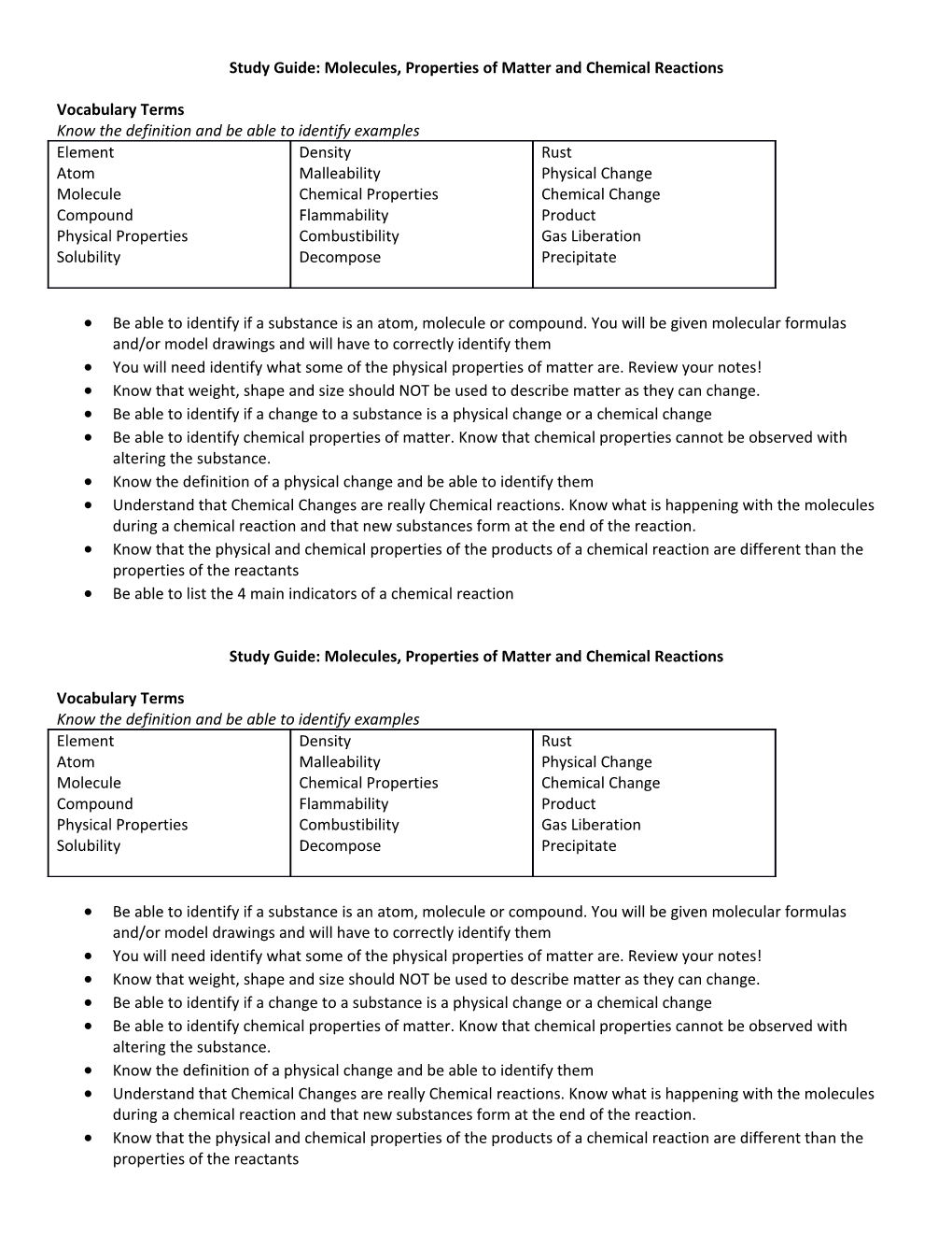 Study Guide: Molecules, Properties of Matter and Chemical Reactions