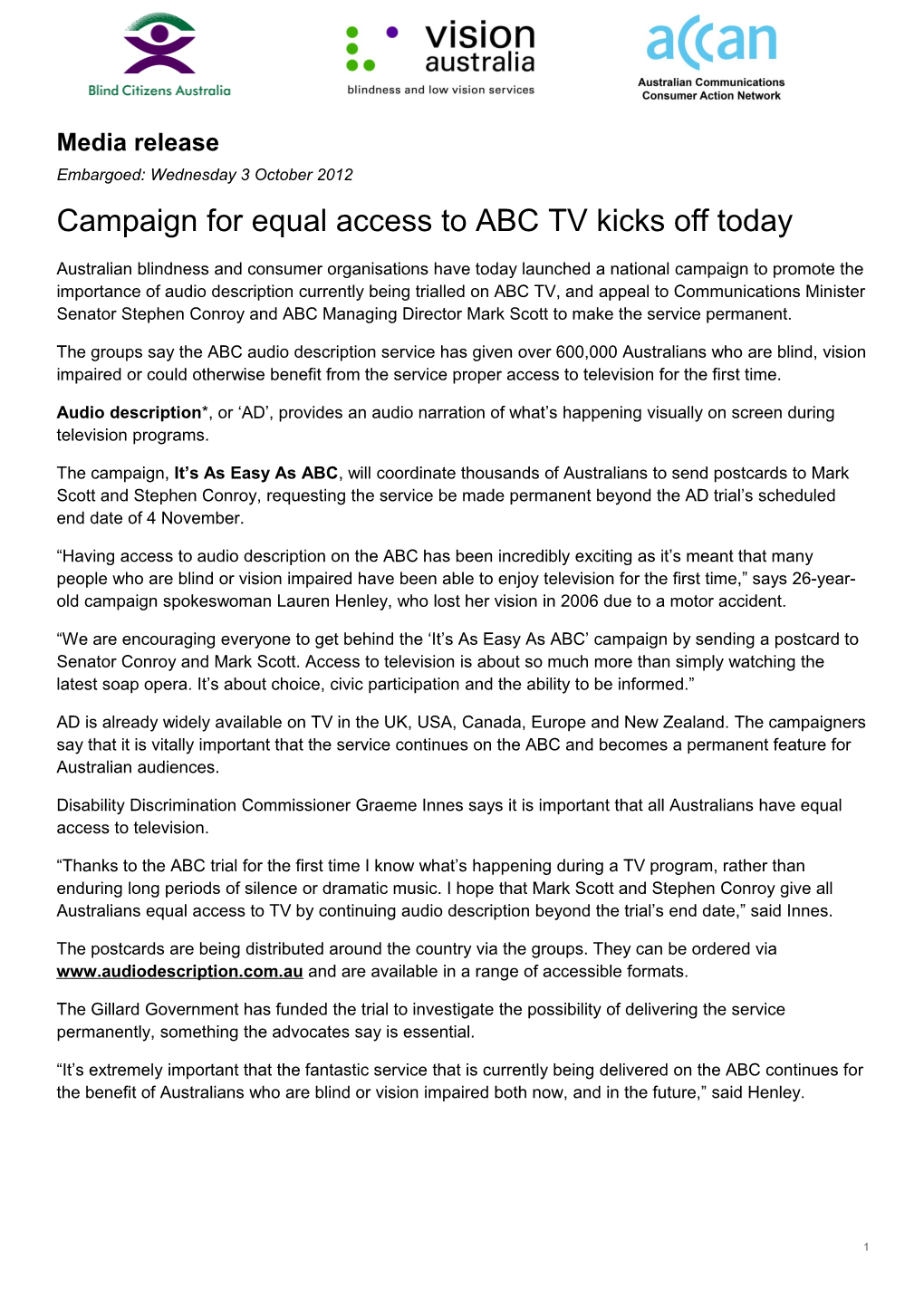Campaign for Equal Access to ABC TV Kicks Off Today