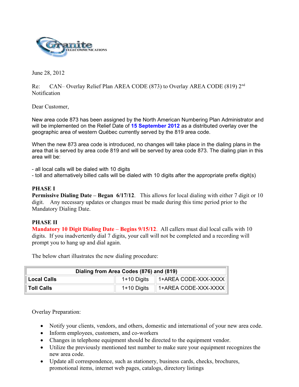 Re:CAN Overlay Relief Plan AREA CODE(873) to Overlay AREA CODE (819)2Ndnotification