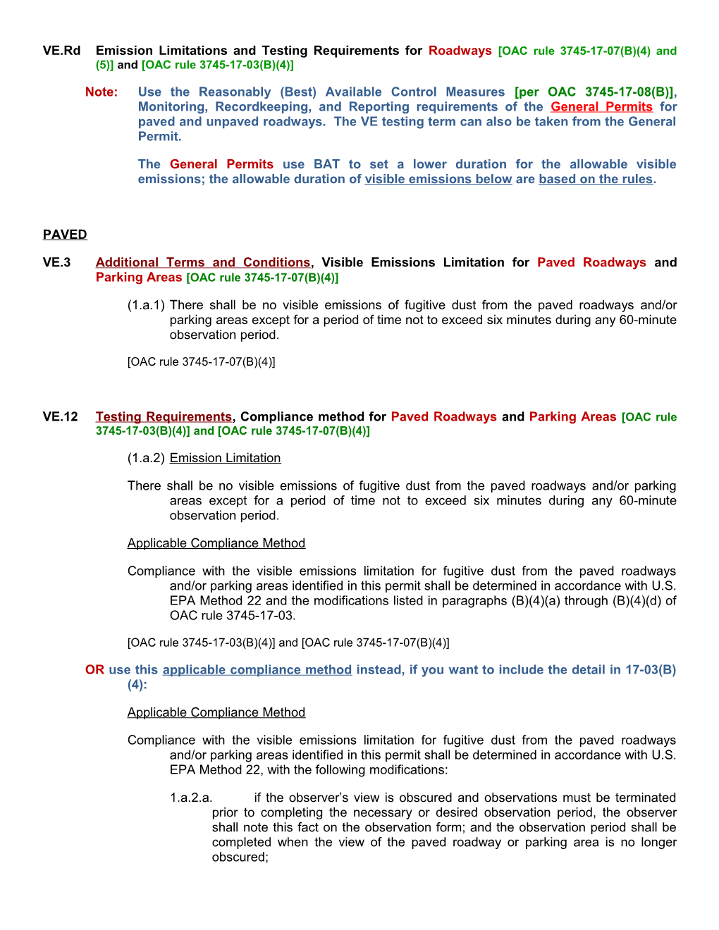 VE.Rdemission Limitations and Testing Requirements for Roadways OAC Rule 3745-17-07(B)(4)