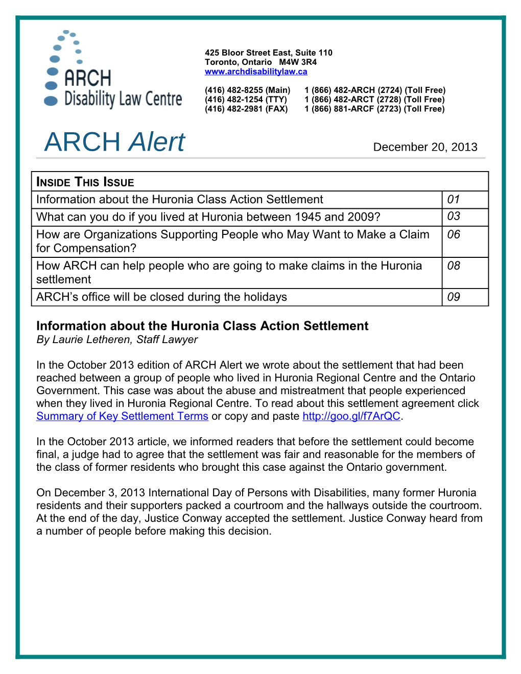 Information About the Huronia Class Action Settlement