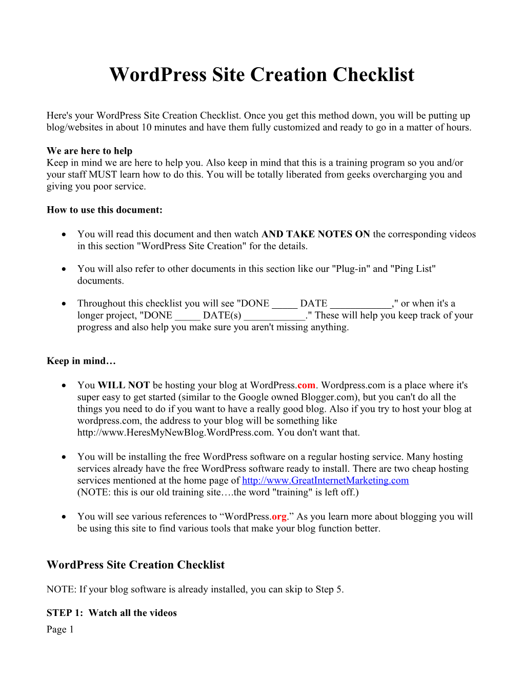 Wordpress Site Creation Checklist