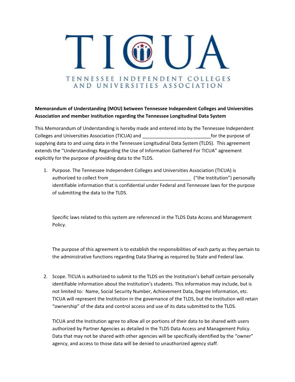 Memorandum of Understanding (MOU) Between Tennessee Independent Colleges and Universities