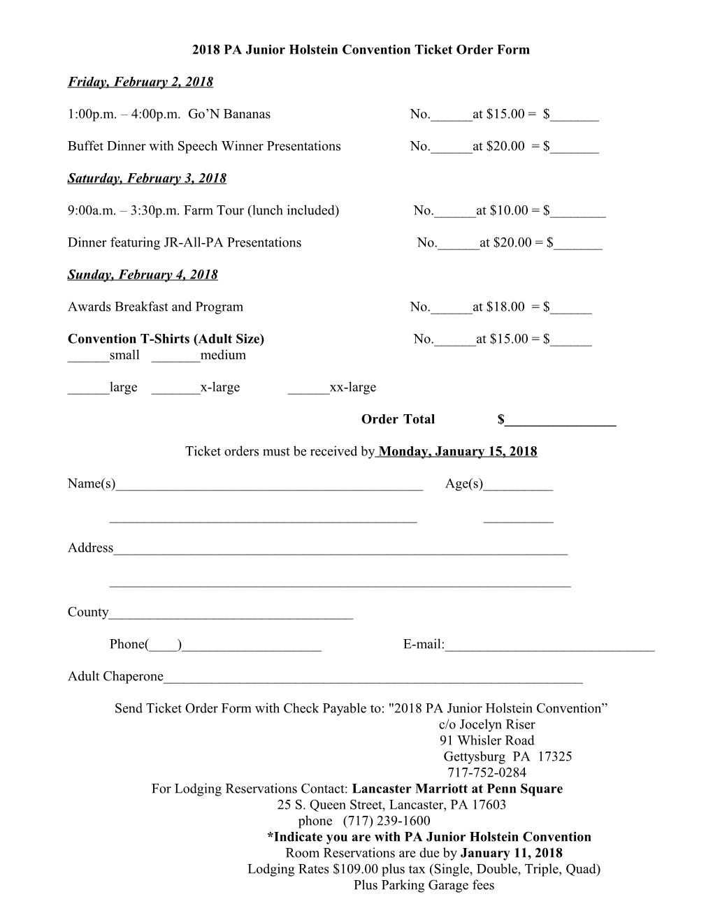 2018 PA Junior Holstein Convention Ticket Order Form