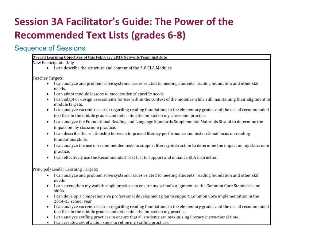 Session 3A Facilitator S Guide: the Power of the Recommended Text Lists (Grades 6-8)