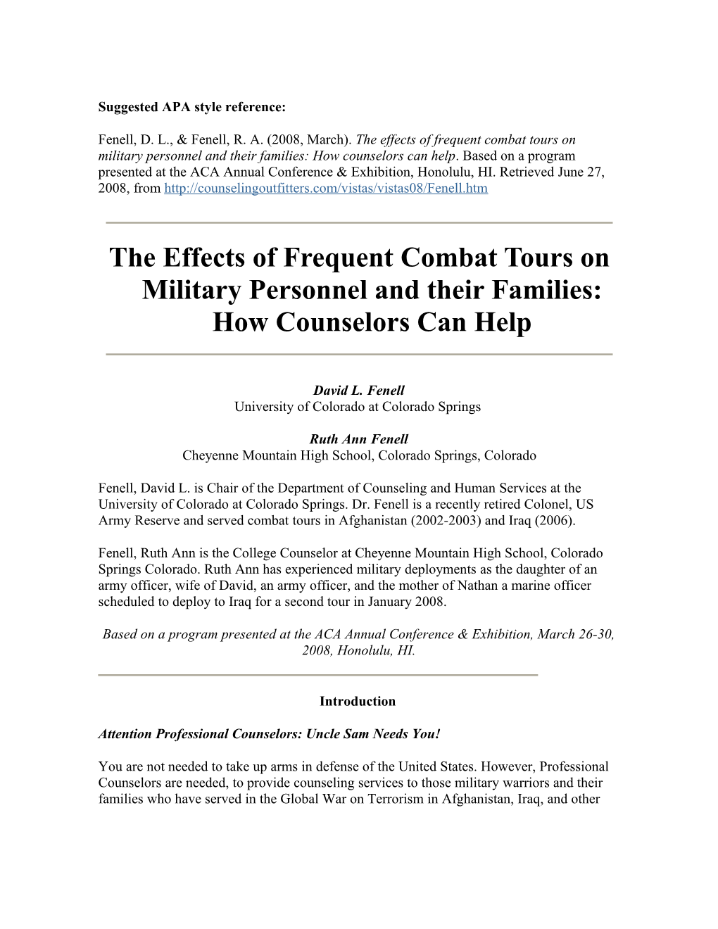 The Effects of Frequent Combat Tours on Military Personnel and Their Families: How Counselors