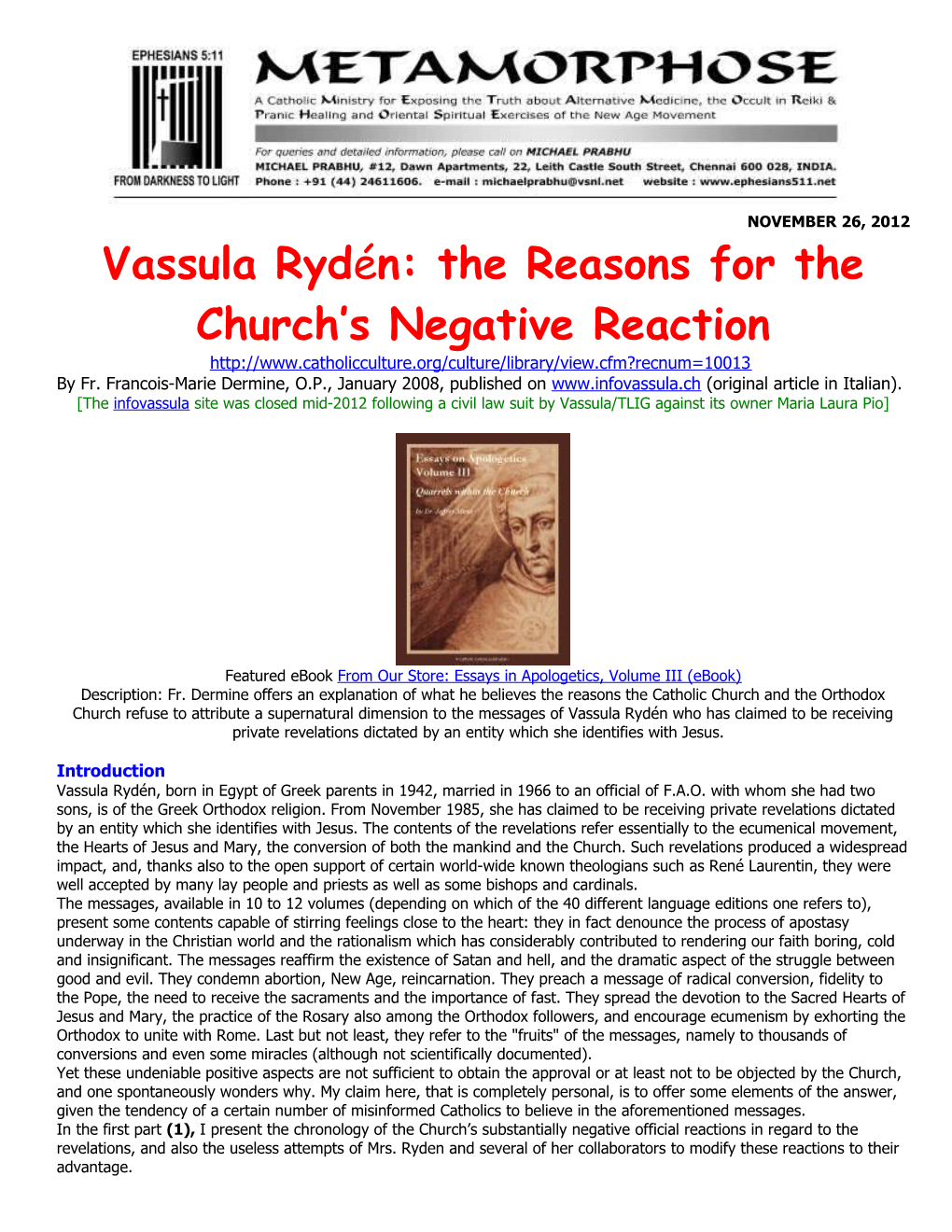Vassula Rydén: the Reasons for the Church S Negative Reaction