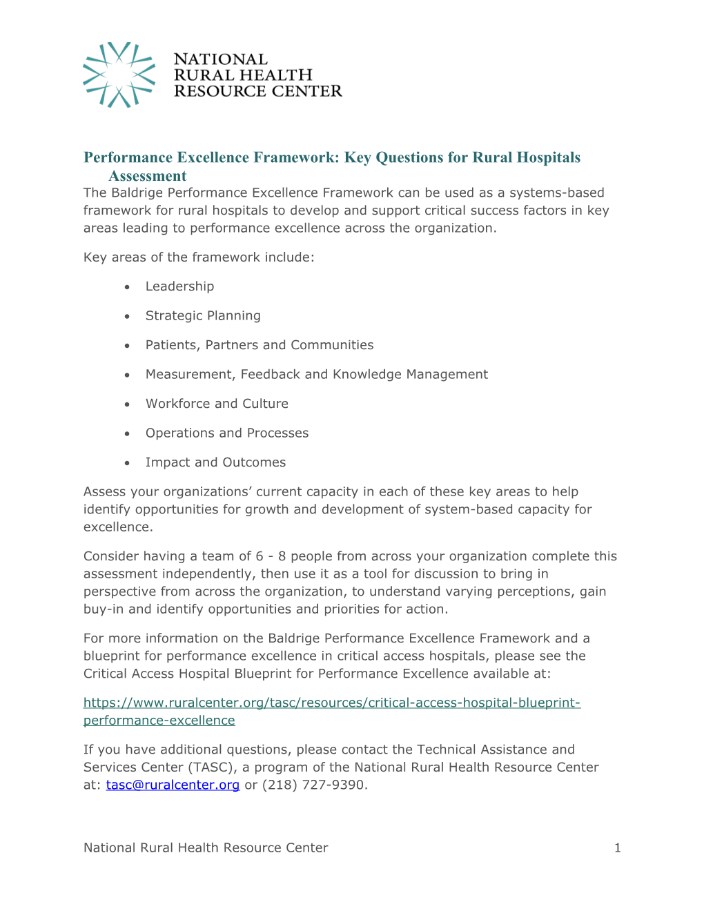 Performance Excellence Framework: Key Questions for Rural Hospitals Assessment