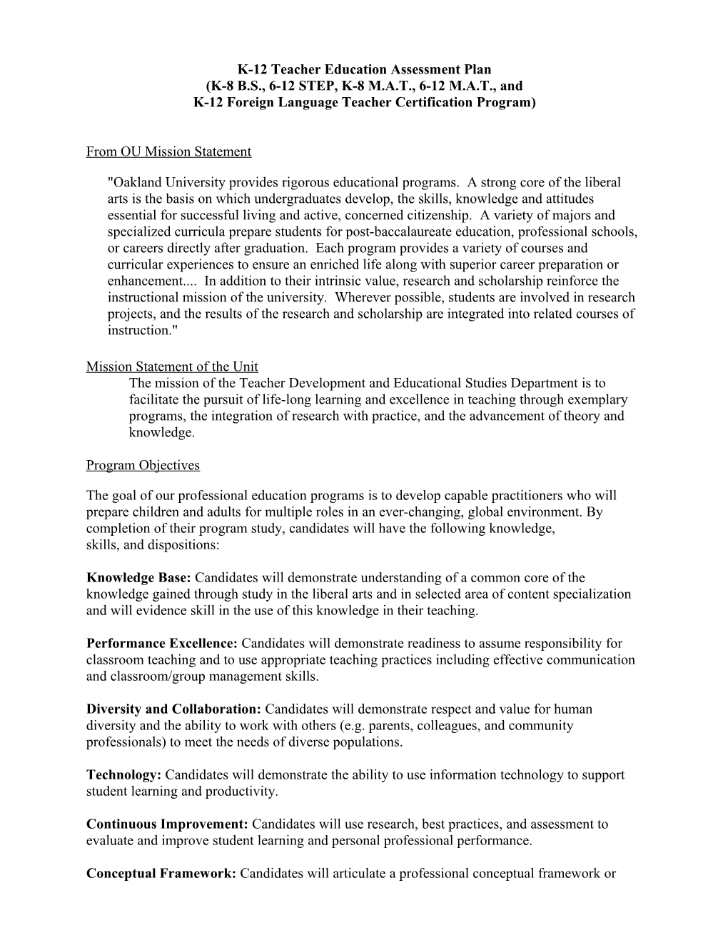 K-8 Elementary Education Assessment Plan