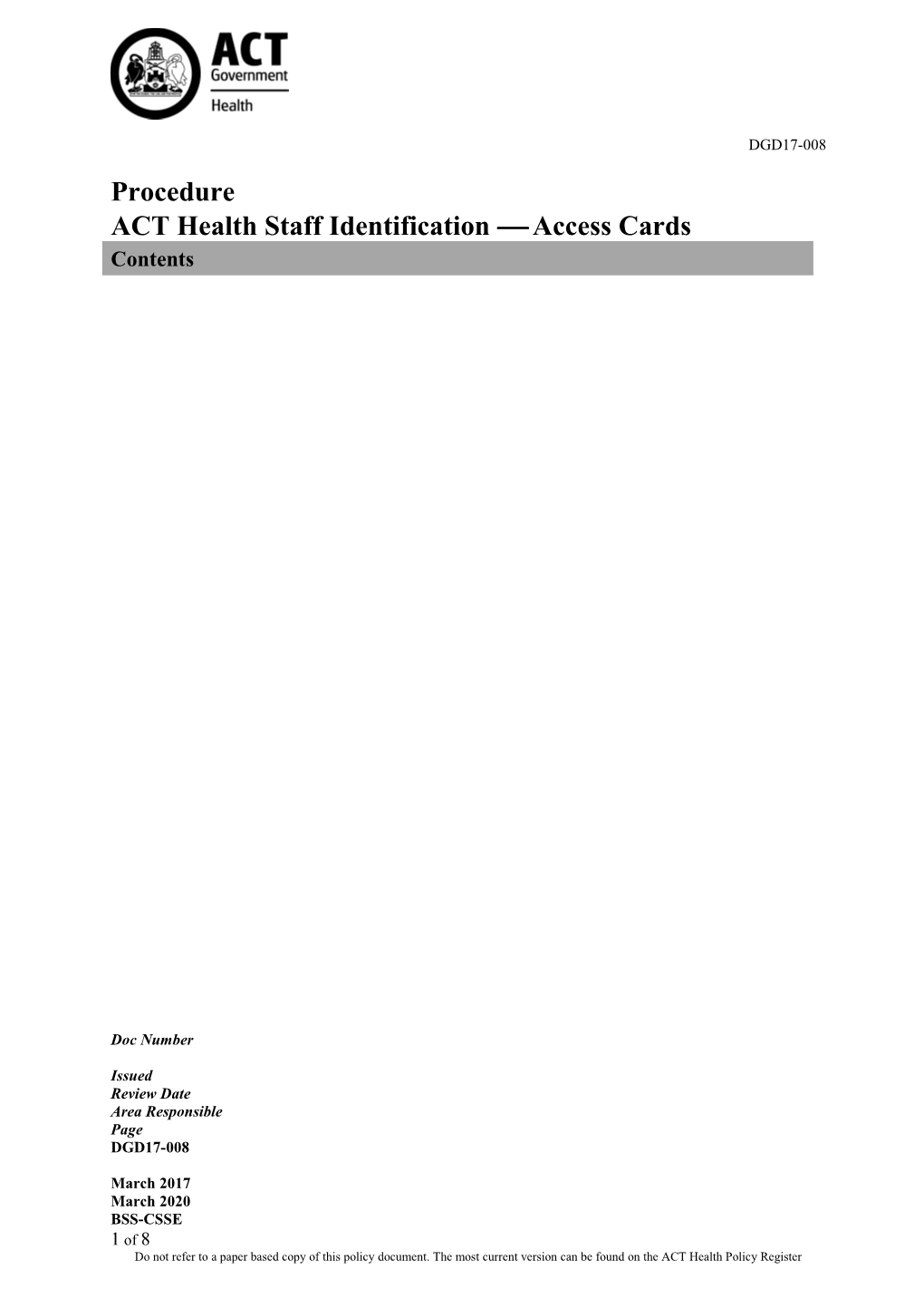 ACT Health Staff Identification Access Cards Procedure