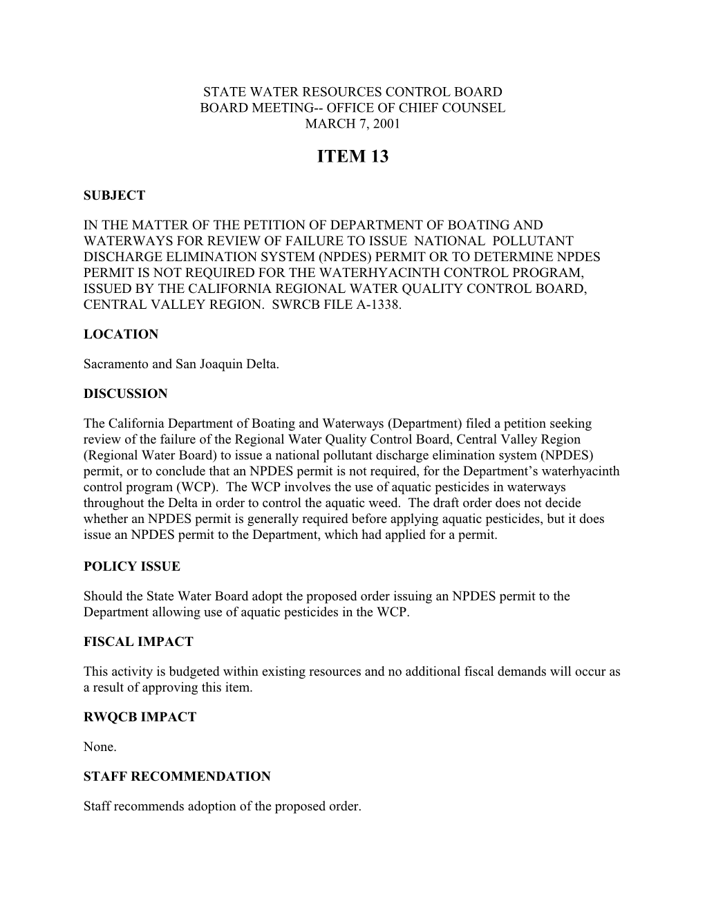 Petition of Boating & Waterways/Wtr Hyacinth