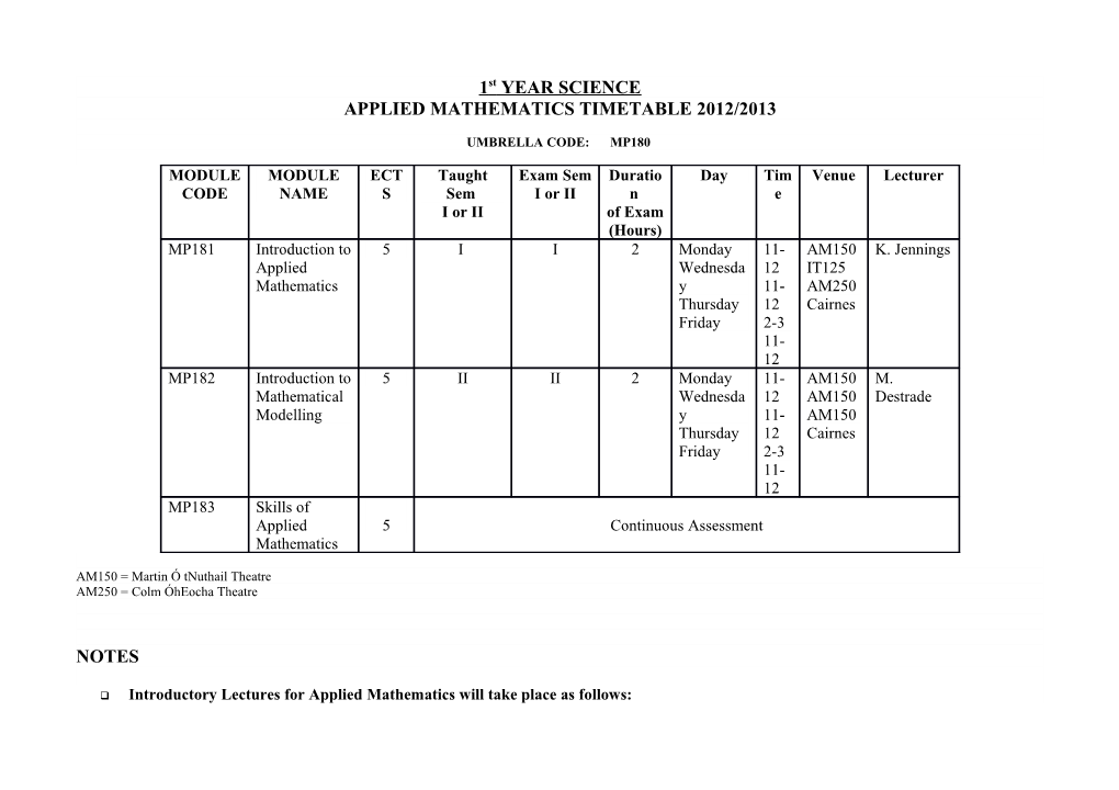 Applied Mathematics Timetable 2012/2013