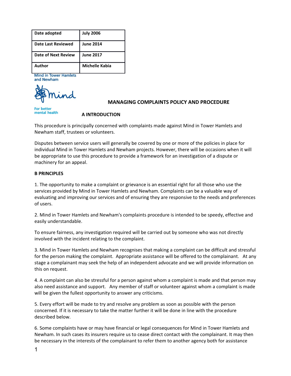 Managing Complaints Policy and Procedure