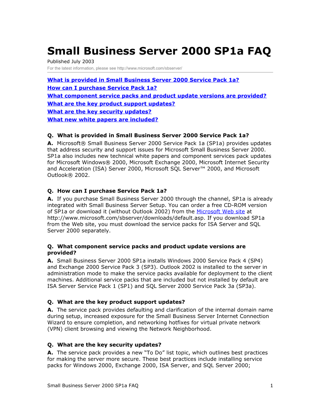 Small Business Server 2000 Sp1a FAQ