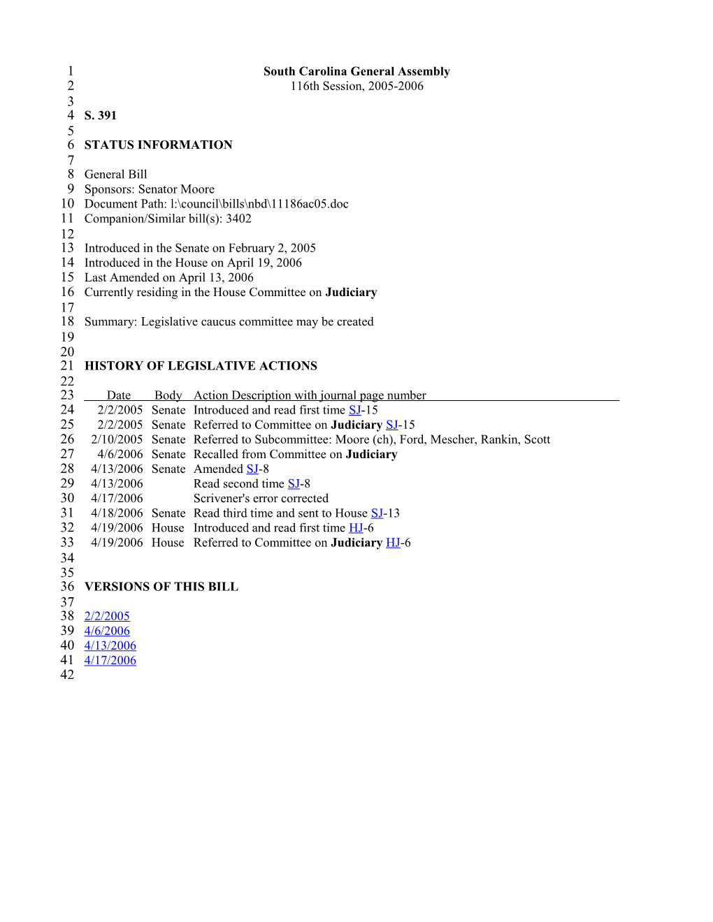 2005-2006 Bill 391: Legislative Caucus Committee May Be Created - South Carolina Legislature