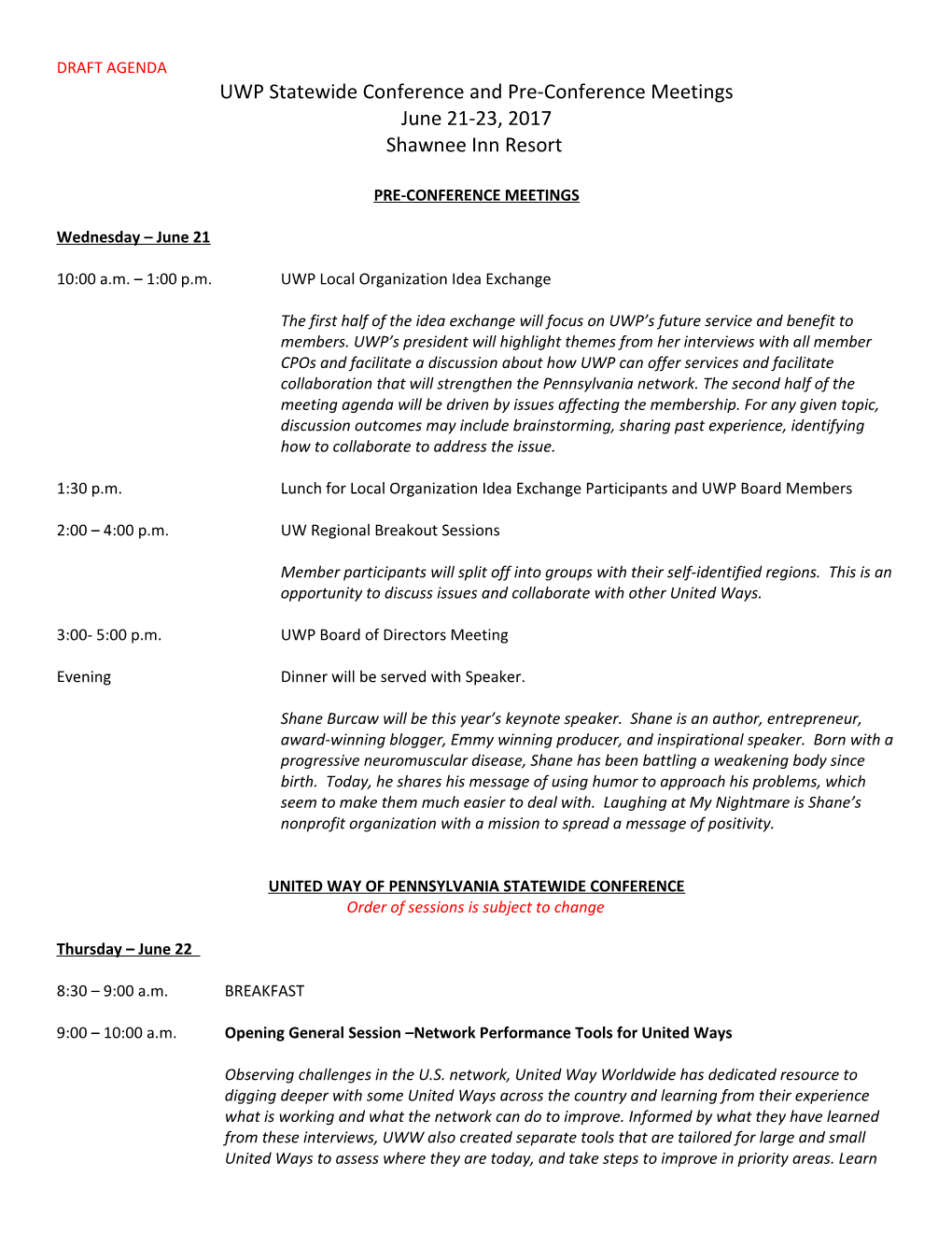 UWP Statewide Conference and Pre-Conference Meetings