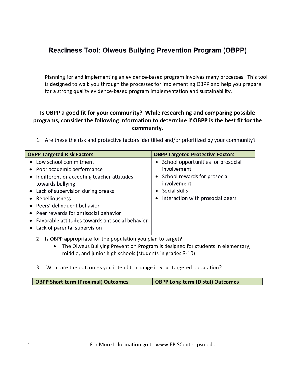 Readiness Tool: Olweus Bullying Prevention Program (OBPP)